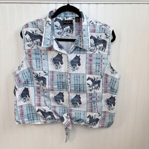 Bit & Bridle for Her Blue & White Patchwork Horse Print Button Front Top Sz XXL